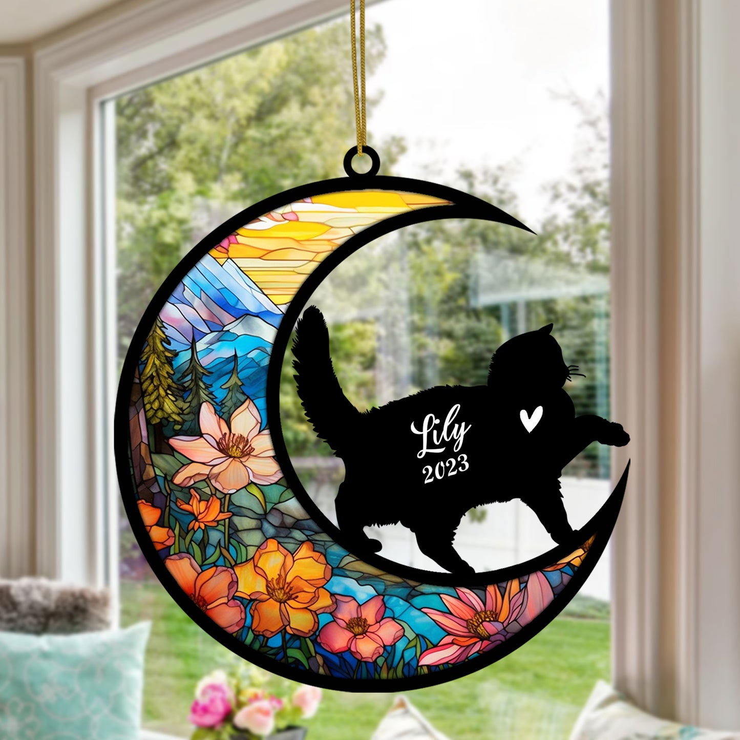 Netecom Personalized British Shorthair Cat On Moon Suncatcher - Custom with Name & Date - Pet Loss Light Catcher - Gifts for Cat Lovers - Christmas Cat Ornament for Car Hangings