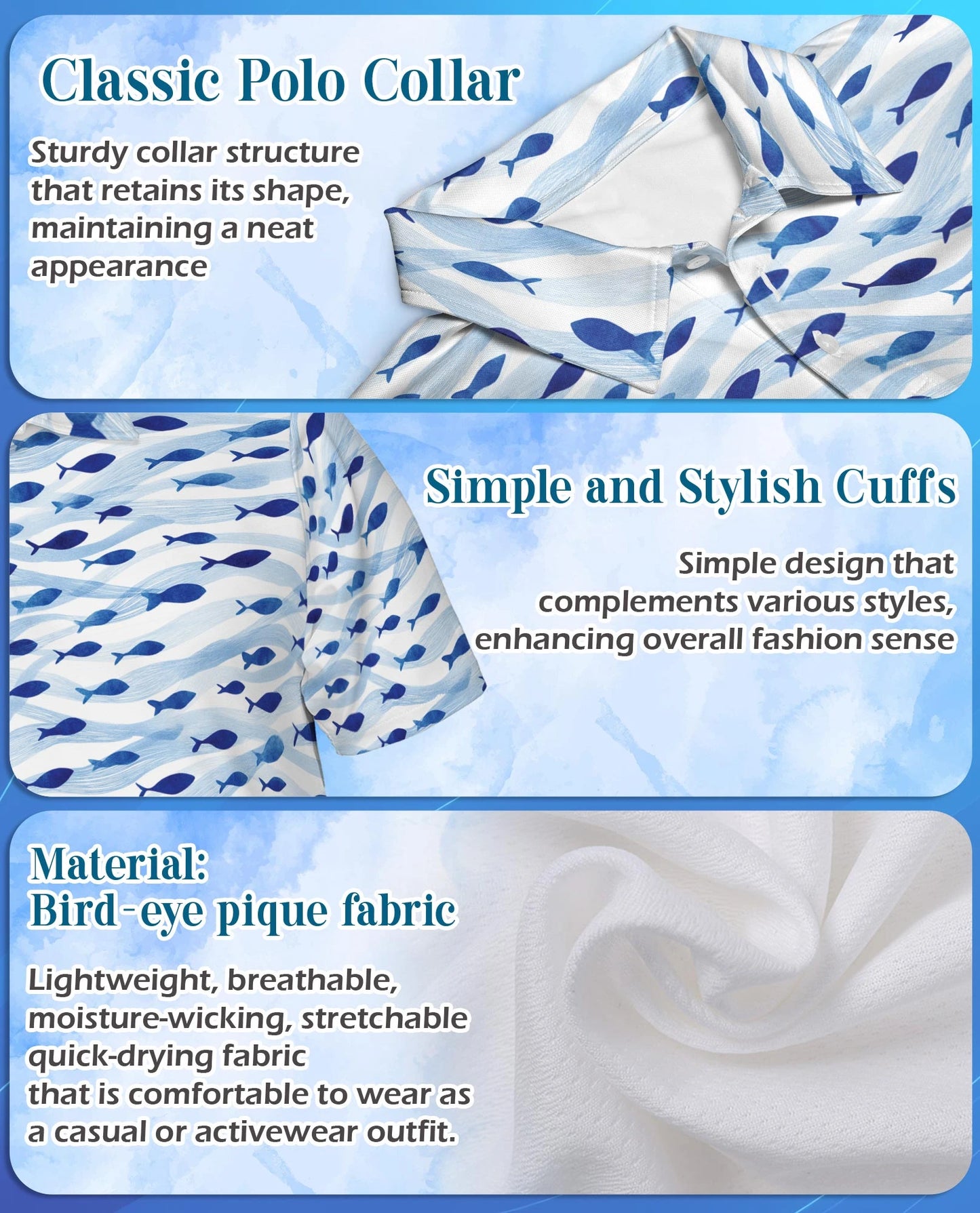 Blue and White Fish Pattern Polo Shirt for Men – Coastal Nautical Style | Netecom