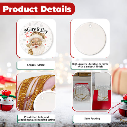 Netecom Merry & Slay All Day Ornament, Funny Leopard Print Santa Ceramic Ornament for Xmas Tree Hanging Decorations Gift, Funny Gag Gifts for Men Women, Home Decor, Holiday Party Present