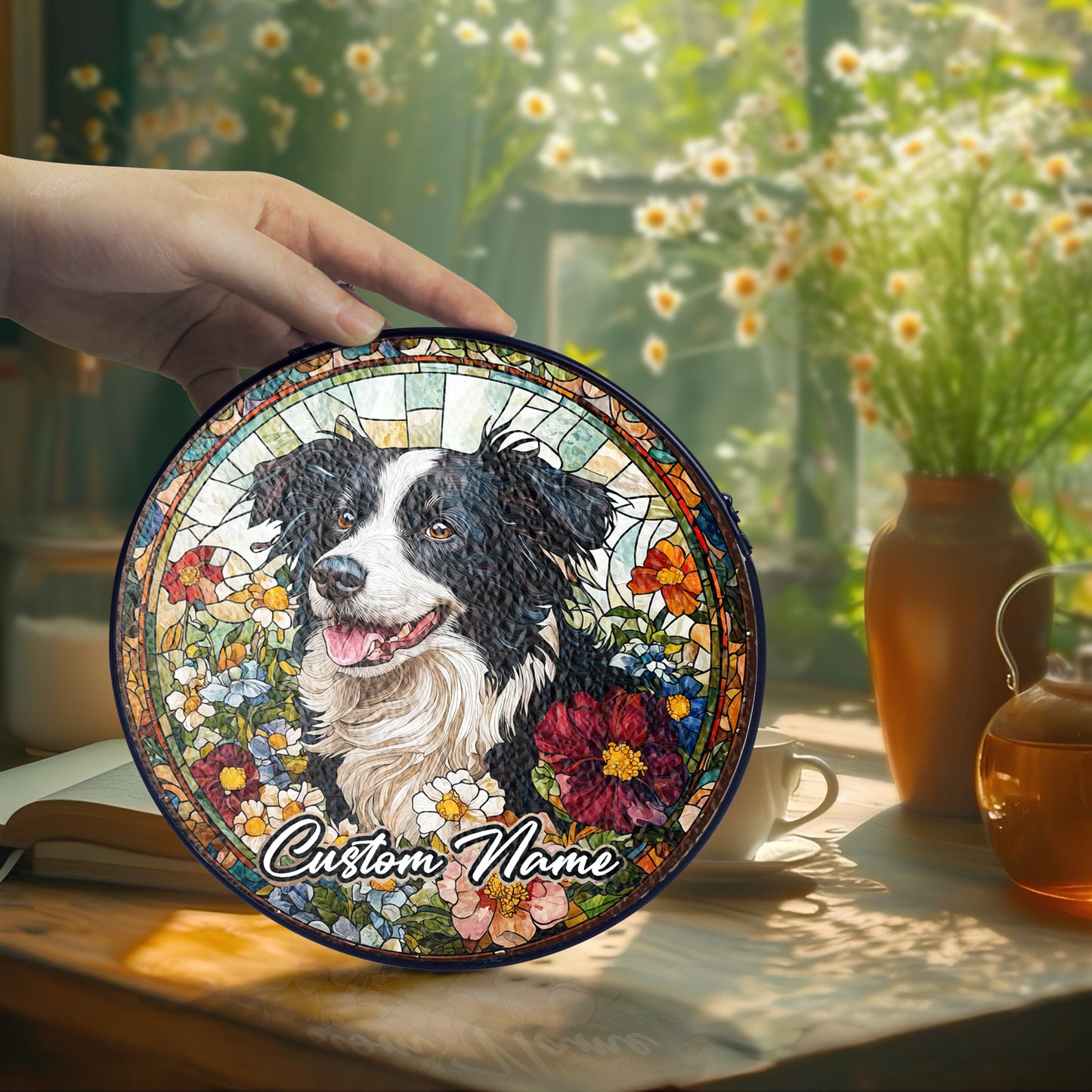Netecom Custom Border Collie Dog Stained Glass Ornament, Personalized Pet Memorial Suncatcher, Pet Loss Sympathy Gift, Christmas Decoration