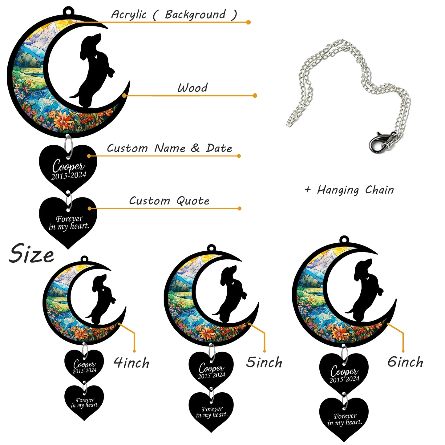 Netecom Personalized Dachshund Moon Heart Memorial Suncatcher – Dog Loss Sympathy Gift, Forever in My Heart Ornament
