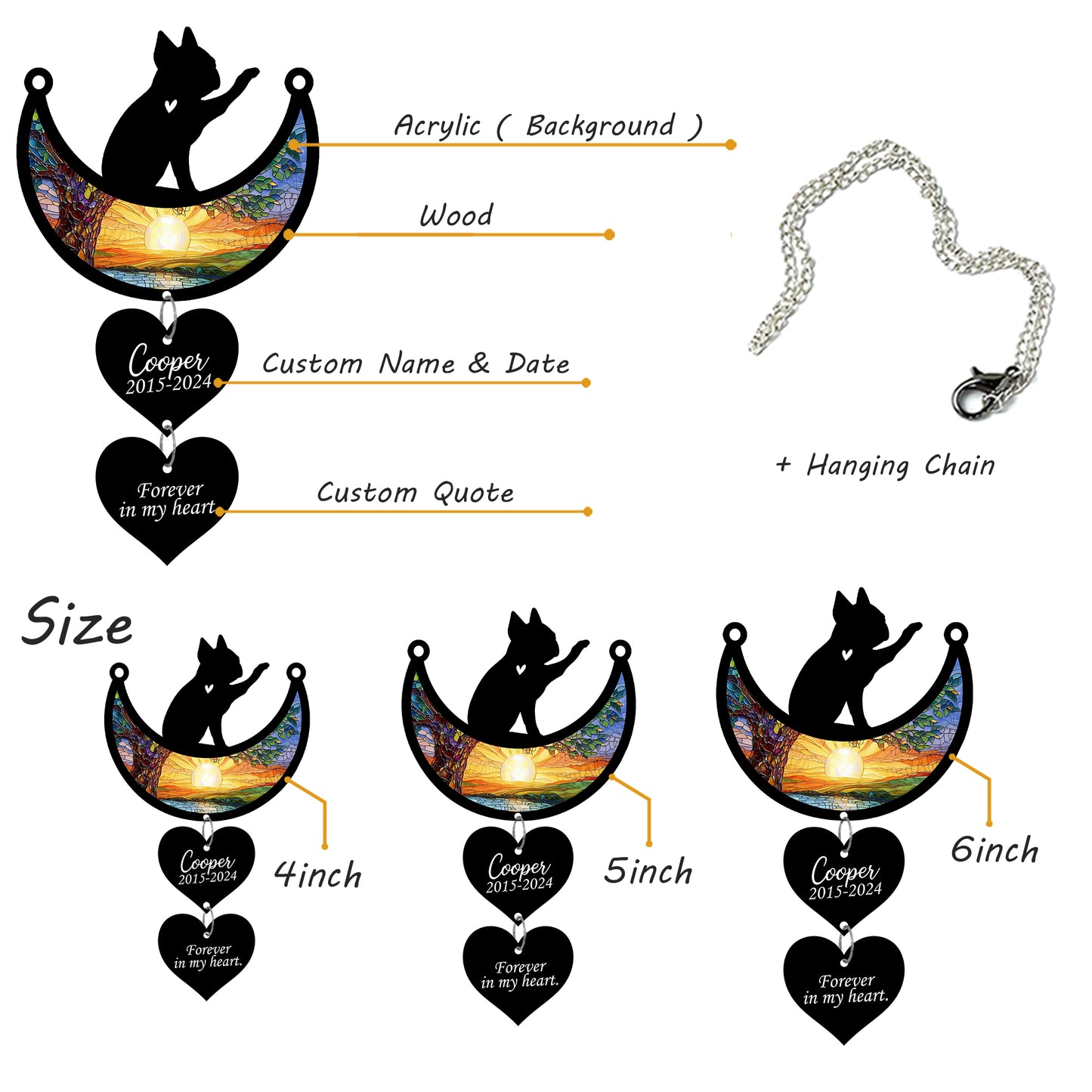 Netecom Personalized Boston Terrier Moon Heart Memorial Suncatcher, Custom Boston Terrier Ornament with Name Date, Dog Loss Sympathy Gift, Pet Remembrance Keepsake