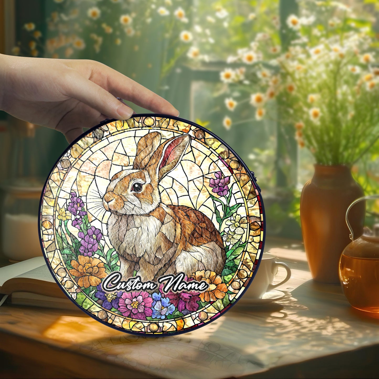 Netecom Custom Rabbit Stained Glass Ornament, Personalized Memorial Suncatcher, Pet Loss Remembrance Gift, Christmas Decoration