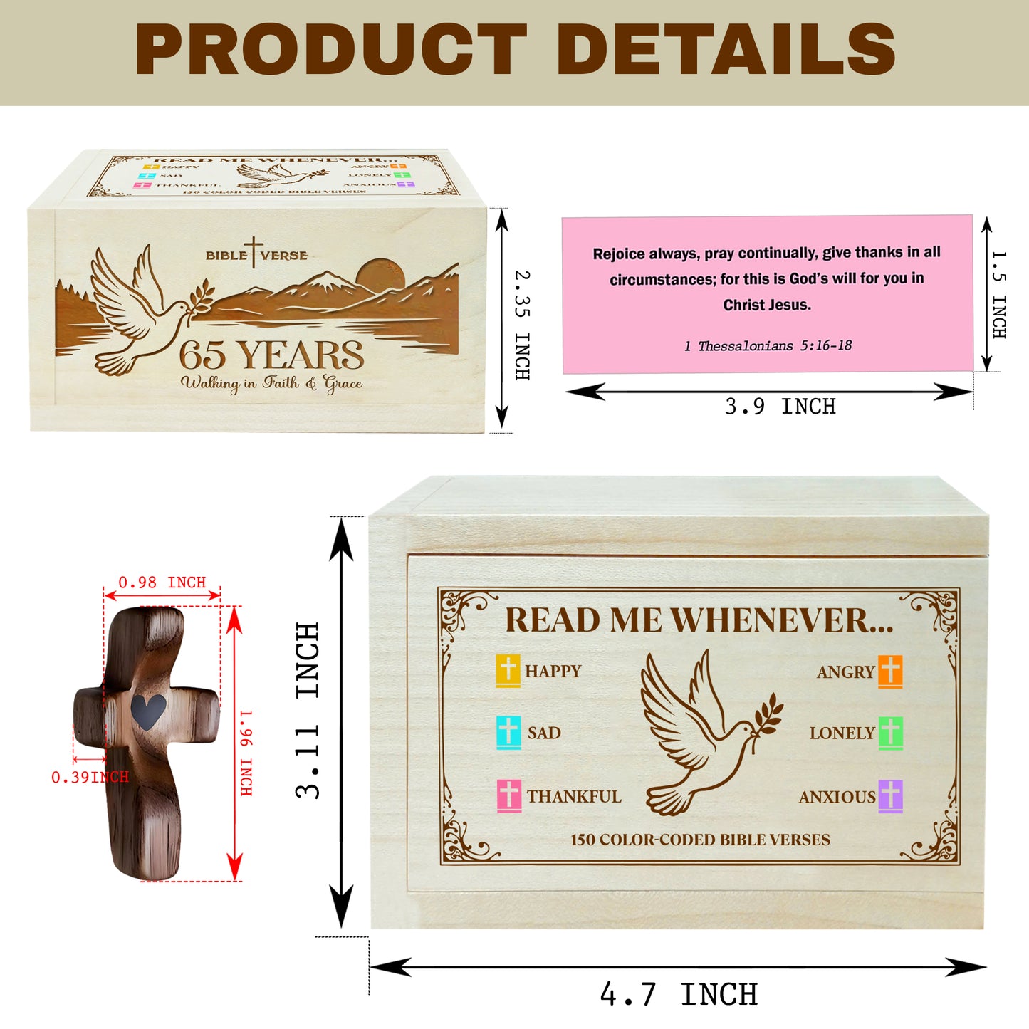 Netecom Personalized Bible Verse Box for 65 Years Birthday, Custom Name & Age, Engraved Wood Scripture Box with Pocket Cross, 150 Daily Bible Verse Cards, Christian Birthday Gift