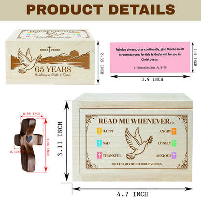 Netecom Personalized Bible Verse Box for 65 Years Birthday, Custom Name & Age, Engraved Wood Scripture Box with Pocket Cross, 150 Daily Bible Verse Cards, Christian Birthday Gift