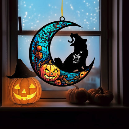 Netecom Personalized Halloween Siberian Cat Suncatcher - Custom Cat Ornament with Name, Siberian Cat with Witch Hat Halloween Decoration for Window, Garden, or Car