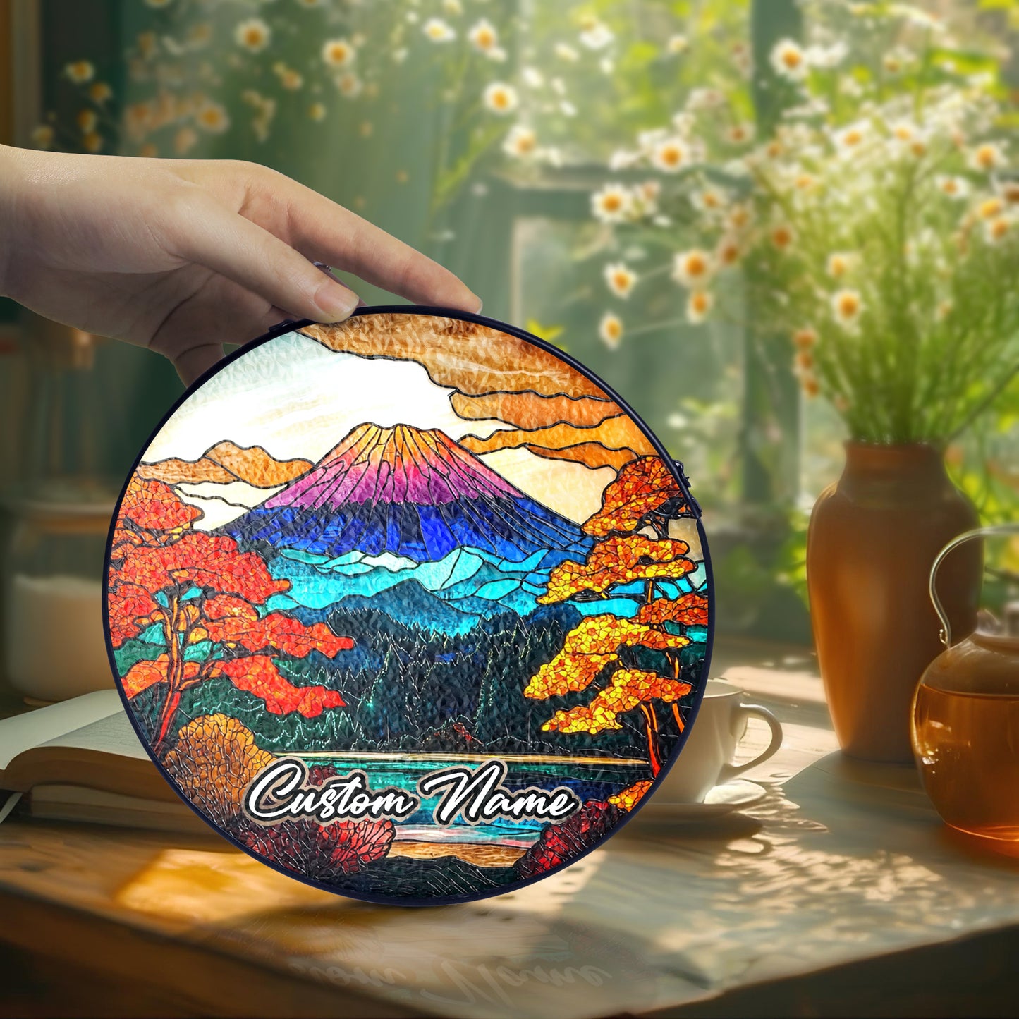 Netecom Personalized Japan Stained Glass Ornament – Mount Fuji Inspired Sun Catcher, Custom Cultural Gift & Window Decoration