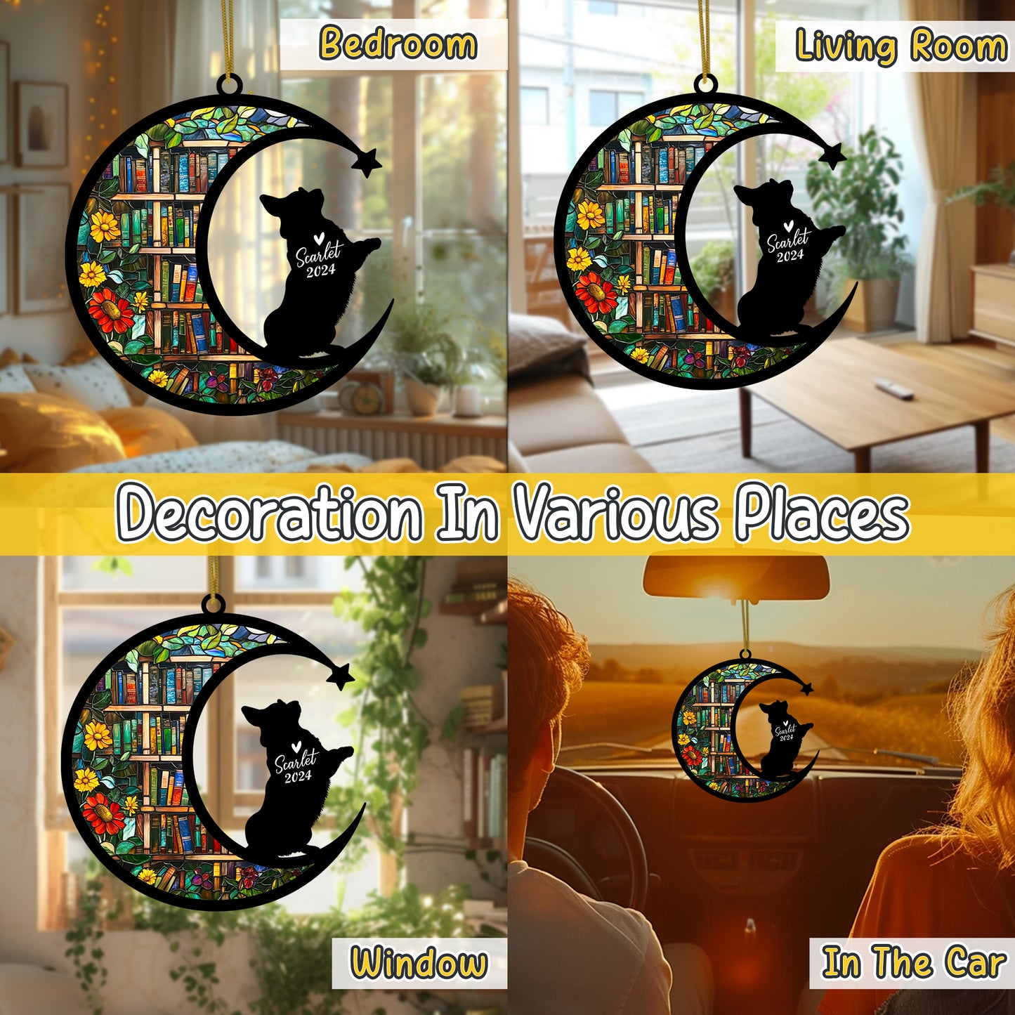Netecom Personalized Corgi Suncatcher for Windows Hanging, Custom Dog Sun Catcher Ornament with Name Date, Unique Gifts for Book Lovers, Reader Teacher Librarian Bookworm