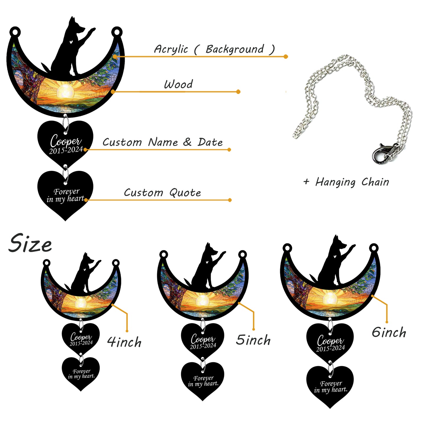 Netecom Personalized German Shepherd Moon Heart Memorial Suncatcher, Custom German Shepherd Ornament with Name Date, Dog Loss Sympathy Gift, Pet Remembrance Keepsake