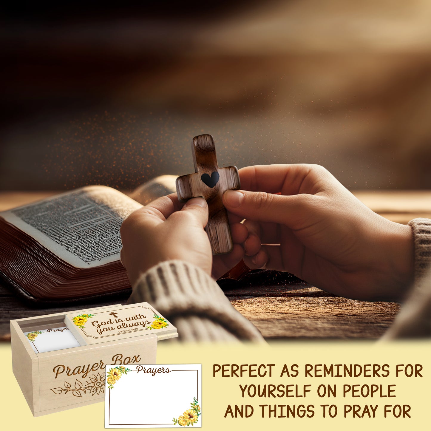 Netecom Wooden Prayer Box with 100 Prayer Request Cards & Hand Cross – Vintage Christian Gift with Sunflowers, Wooden Box for Women & Men