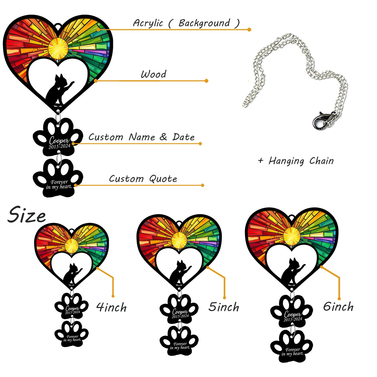 Netecom Personalized Boston Terrier Rainbow Heart Paw Memorial Suncatcher, Custom Dog Ornament with Name Date, Dog Loss Sympathy Gift, Pet Remembrance Keepsake