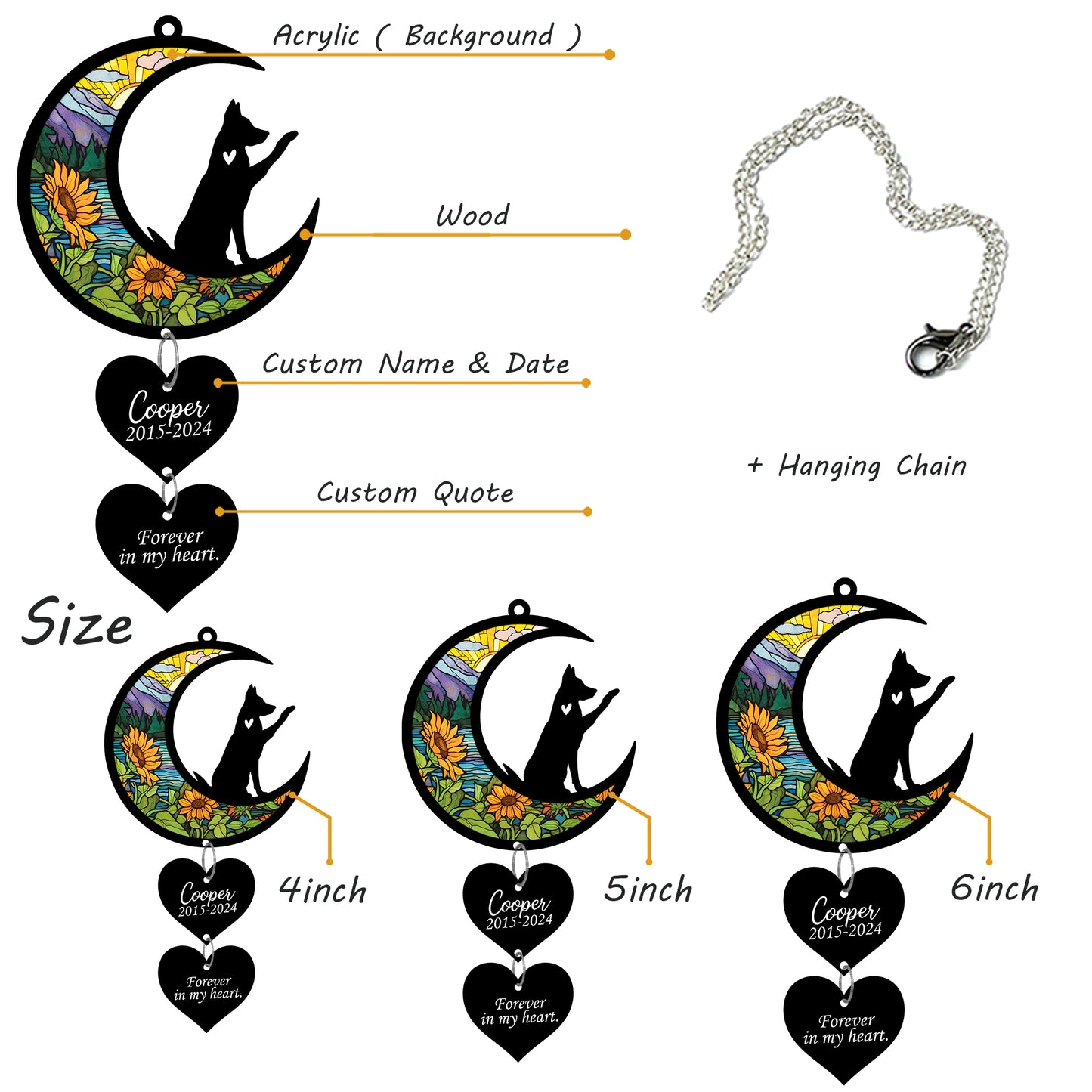 Netecom Personalized German Shepherd Moon Heart Memorial Suncatcher – Dog Loss Sympathy Gift, Forever in My Heart Keepsake