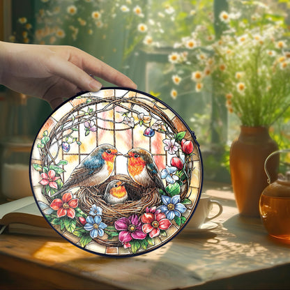 Netecom Robin Couple Stained Glass Suncatcher, Bird Nest Window Hanging Decor, Nature-Inspired Home Accent, Christmas and Mother’s Day Gift for Bird Lovers