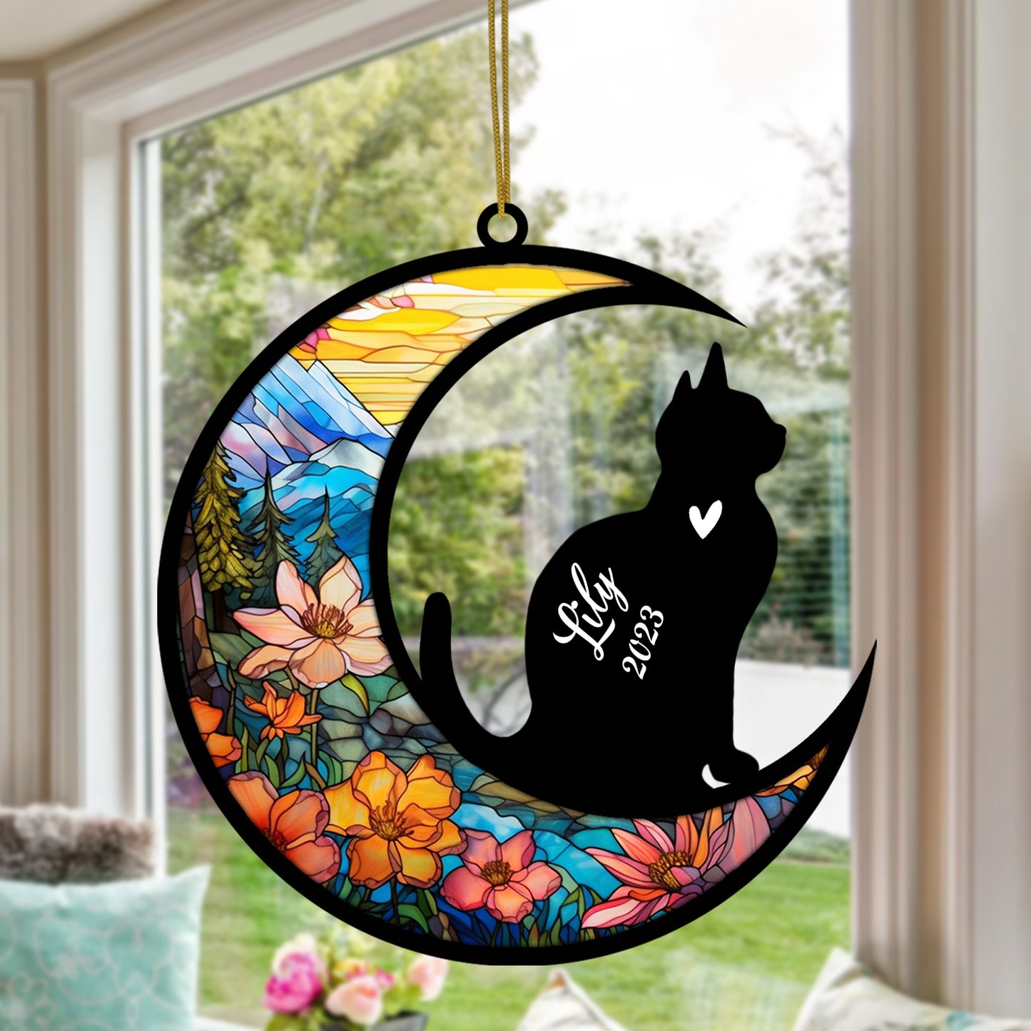 Netecom Personalized Domestic Shorthair Cat Memorial Suncatcher - Custom with Name & Date - Pet Loss Light Catcher - Christmas Cat Ornament for Window Hangings