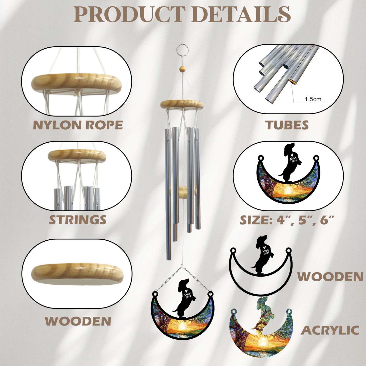 Netecom Personalized Dachshund Dog Memorial Wind Chimes with Suncatcher, Pet Loss Remembrance Gift for Wiener Dog Lovers, Outdoor Garden Sympathy Decor