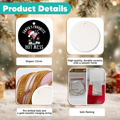 Netecom Funny Cocktail with Santa Hat Christmas Ornament, Santa's Favorite Hot Mess Ceramic Ornament for Xmas Tree Hanging Decorations Gift, Gifts for Friends & Family, Holiday Party Present