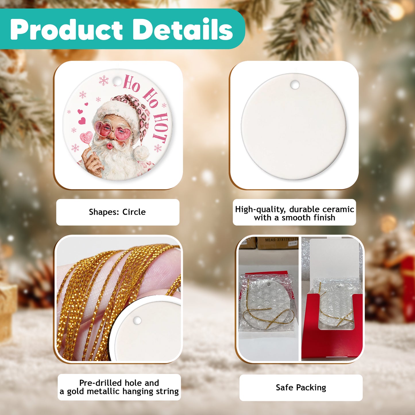 Netecom Funny Ho Ho Hot Santa Christmas Ornament, Santa Claus with Pink Heart Glasses and Candy Ceramic Ornament for Xmas Tree Hanging Decorations Gift, Home Decor, Holiday Party Present