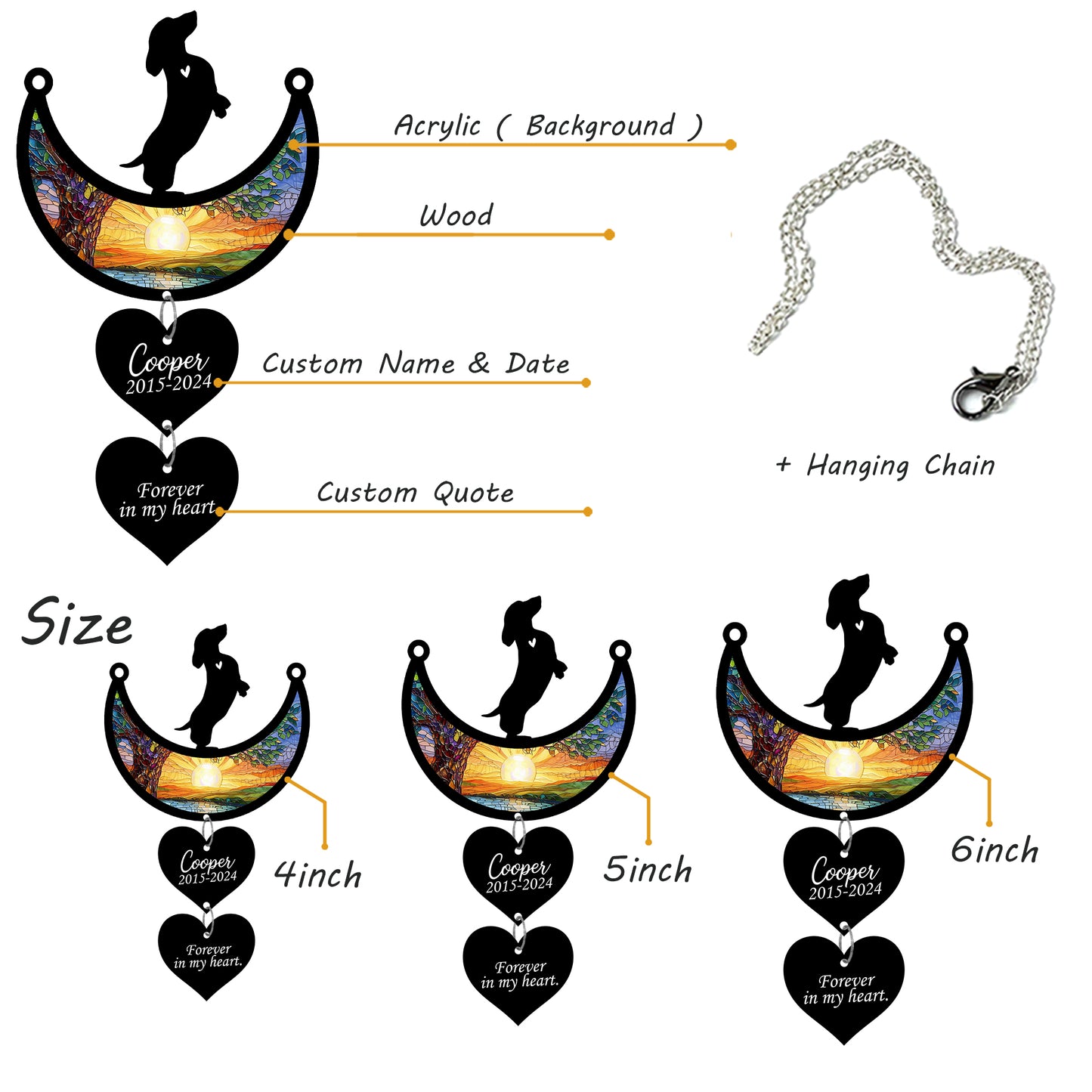 Netecom Personalized Dachshund Moon Heart Memorial Suncatcher, Custom Dachshund Ornament with Name Date, Dog Loss Sympathy Gift, Pet Remembrance Keepsake