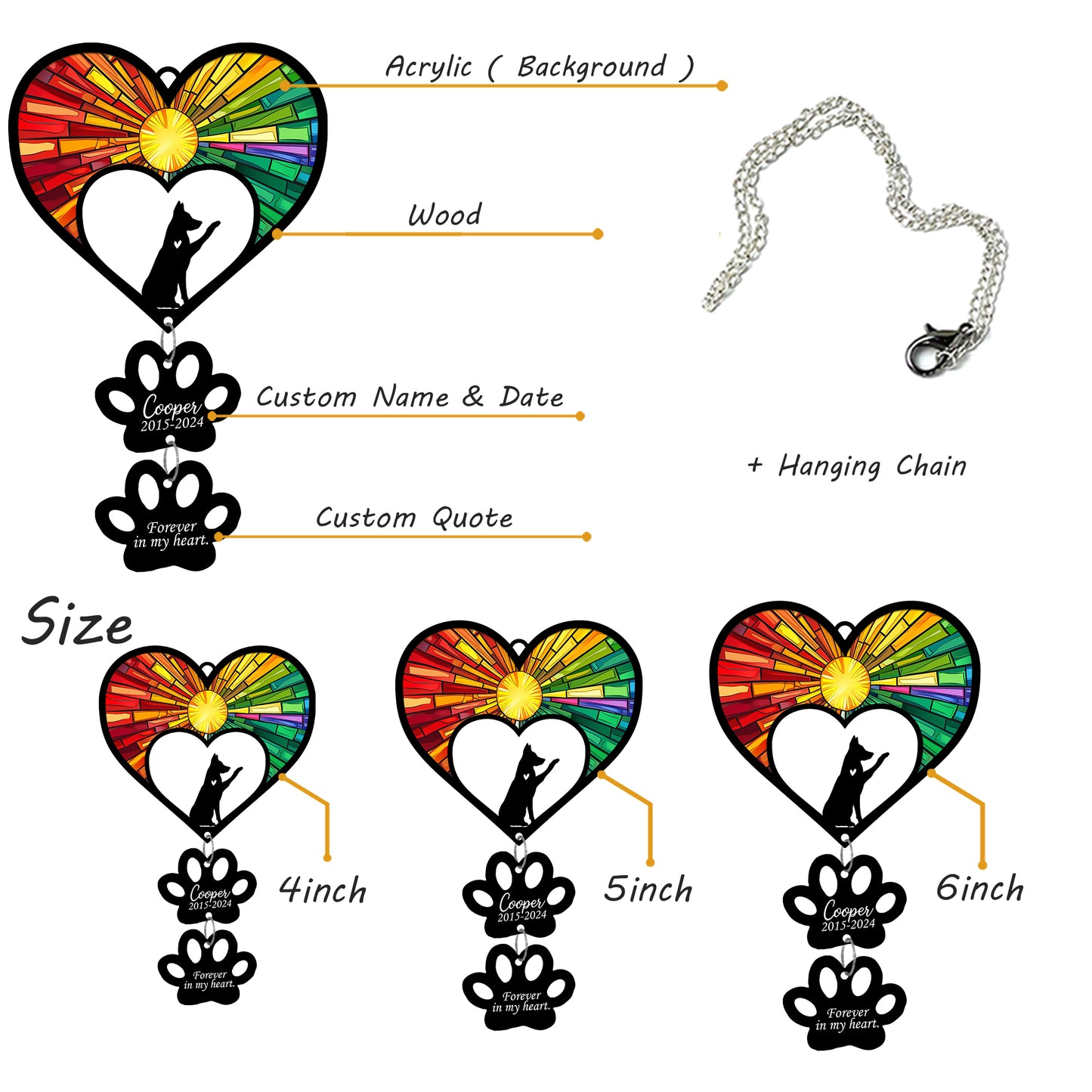Netecom Personalized German Shepherd Rainbow Heart Paw Memorial Suncatcher, Custom Dog Ornament with Name Date, Pet Loss Sympathy Gift, Dog Remembrance Keepsake