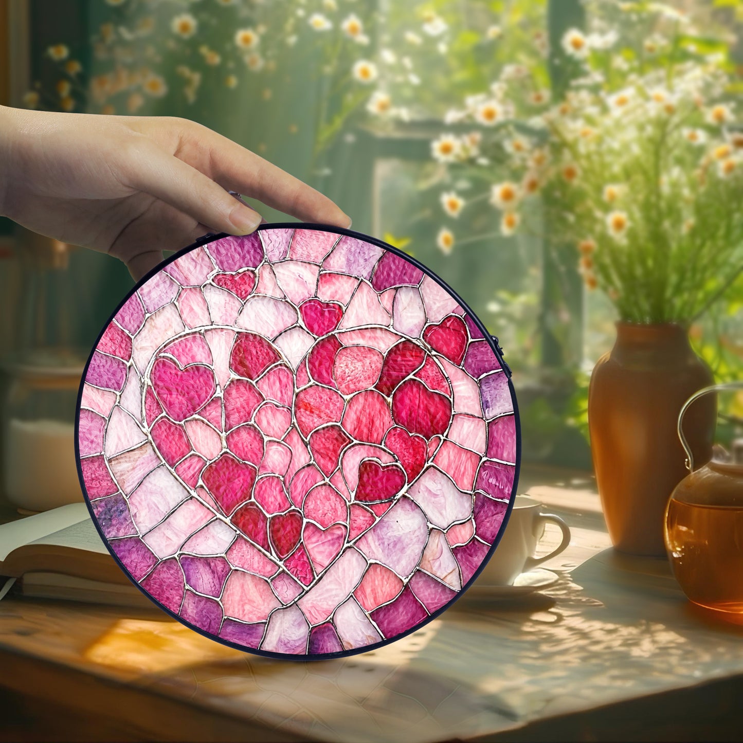 Netecom Valentine Heart Stained Glass Sun Catcher – Personalized Love Ornament, Custom Window Hanging, Romantic Gift