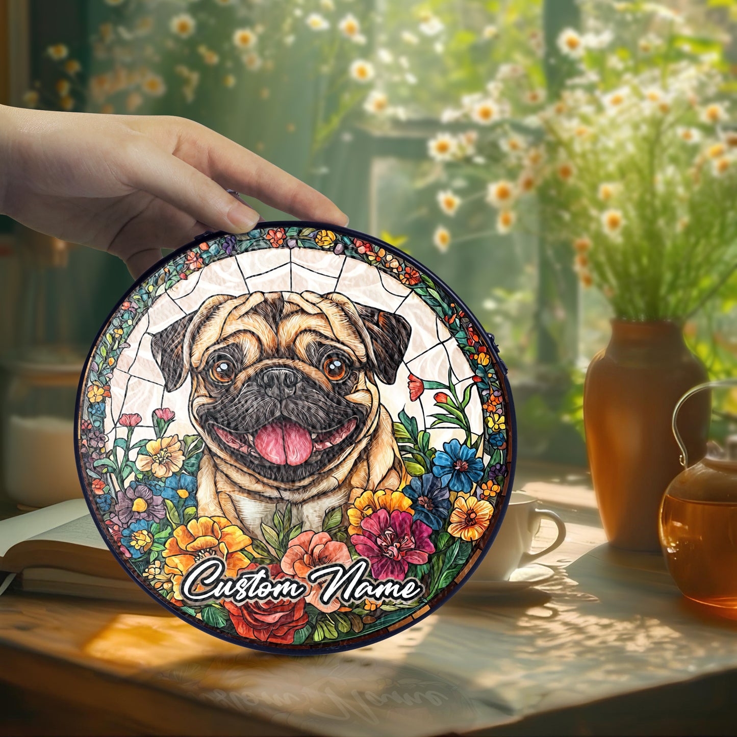 Netecom Custom Pug Dog Stained Glass Ornament, Personalized Memorial Suncatcher, Pet Loss Sympathy Gift, Christmas Decoration