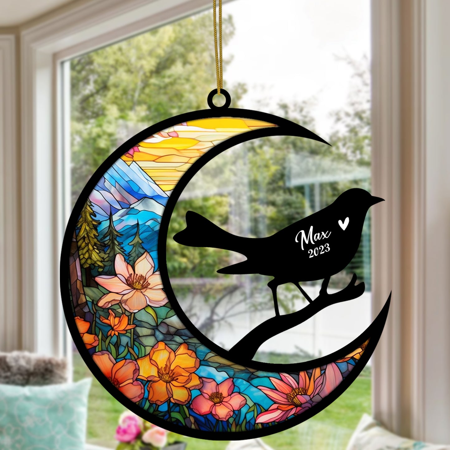 Netecom Personalized Birds Memorial Suncatcher, Pet Loss Suncatcher, Bereavement Birds Loss Gift, Custom Birds with Name Date, Gifts for Bird Lovers, Hanging Ornaments for Xmas, Car, Window