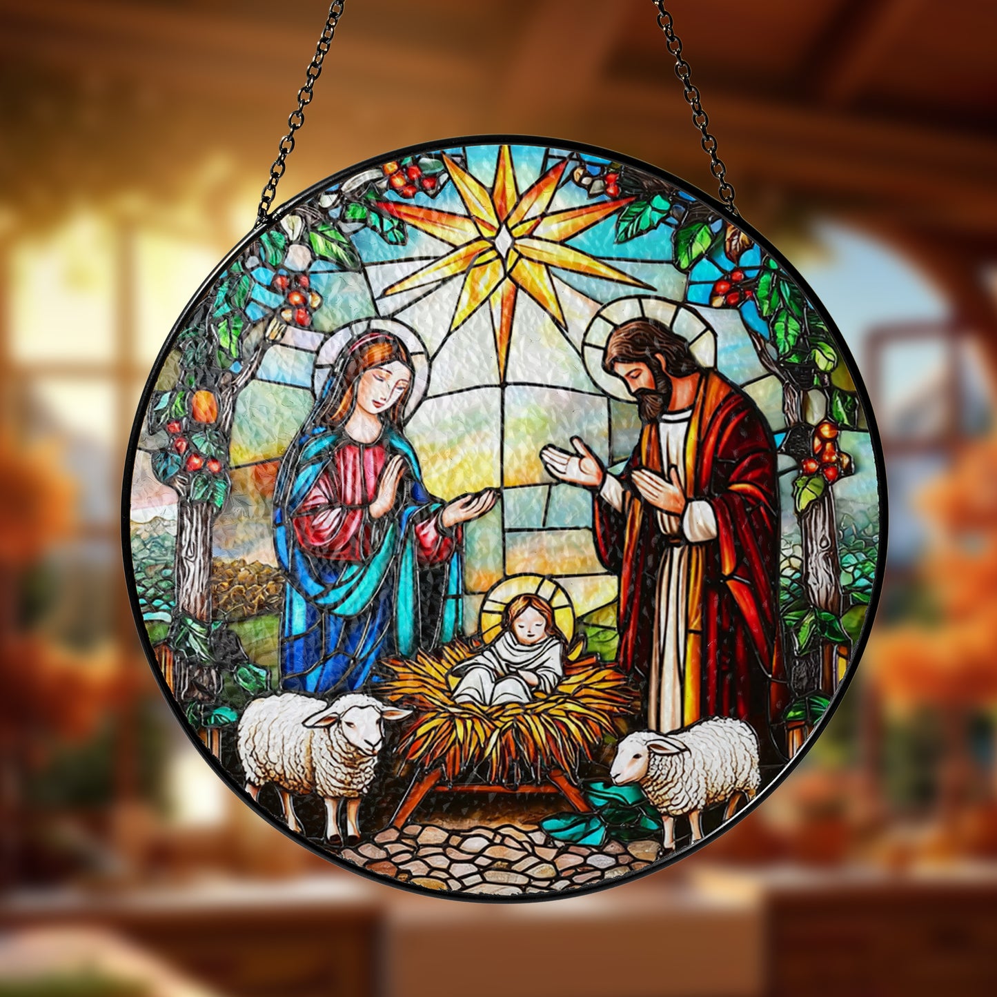 Netecom The Holy Family Stained Glass Suncatcher, Nativity Scene Christmas Window Hanging, Religious Home Decor, Spiritual Gift for Faith and Celebration