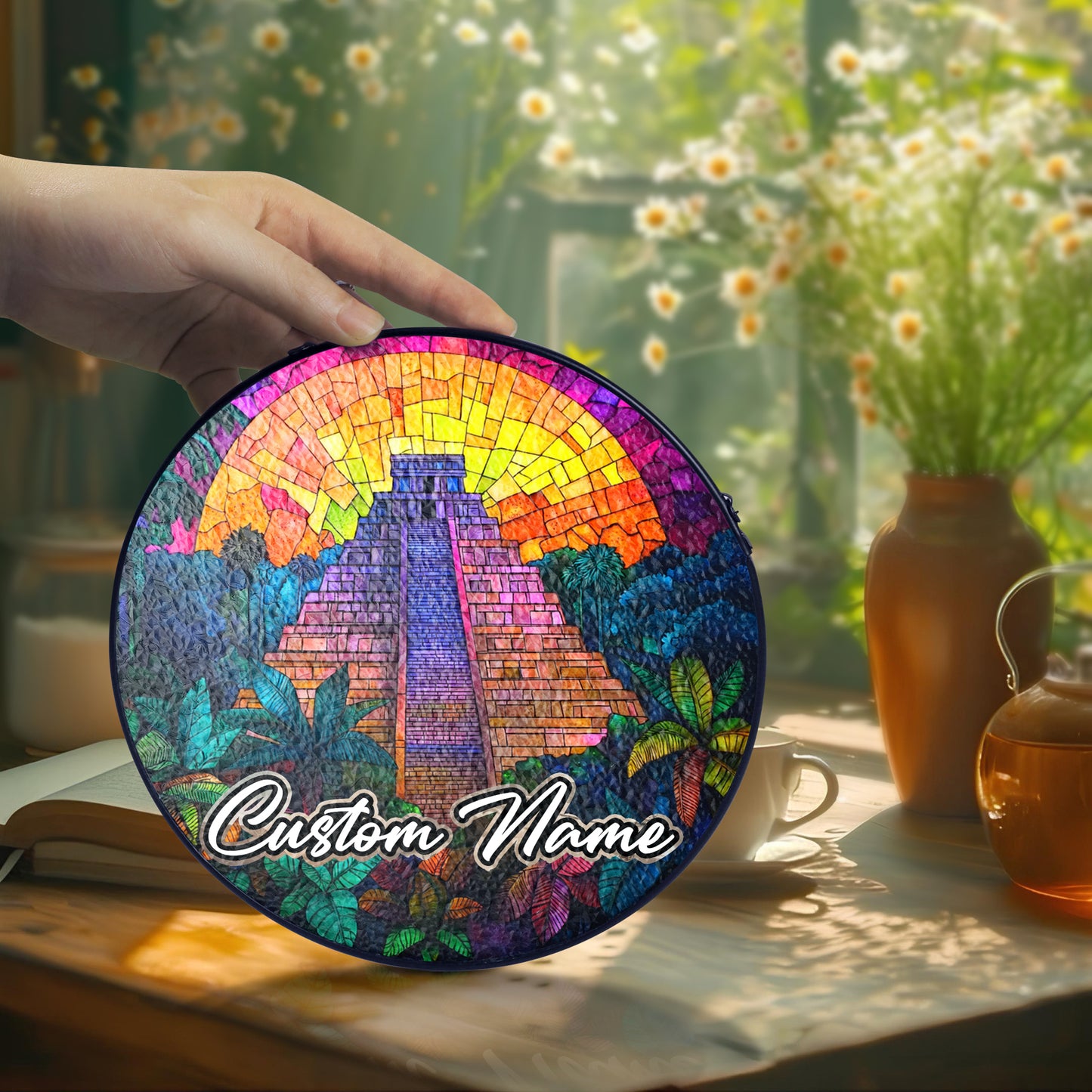 Netecom Personalized Mexico Landmark Stained Glass Suncatcher – Mayan Pyramid Ornament, Unique Cultural Decor & Travel Gift for Home or Souvenir