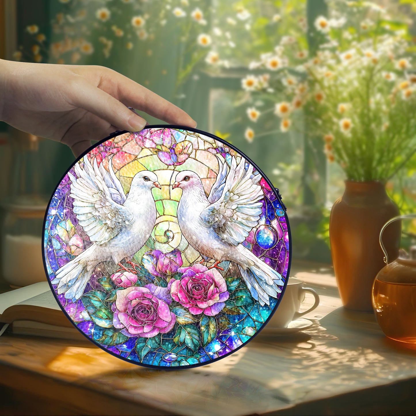 Netecom White Doves Stained Glass Suncatcher, Romantic Window Hanging Decor, Elegant Home Accent, Wedding Anniversary or Christmas Gift for Couples