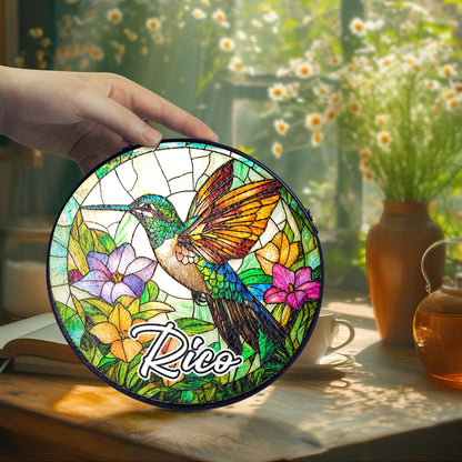 Netecom Personalized Hummingbird Stained Glass Ornament – Custom Flower & Bird Sun Catcher, Nature-Inspired Décor & Gift