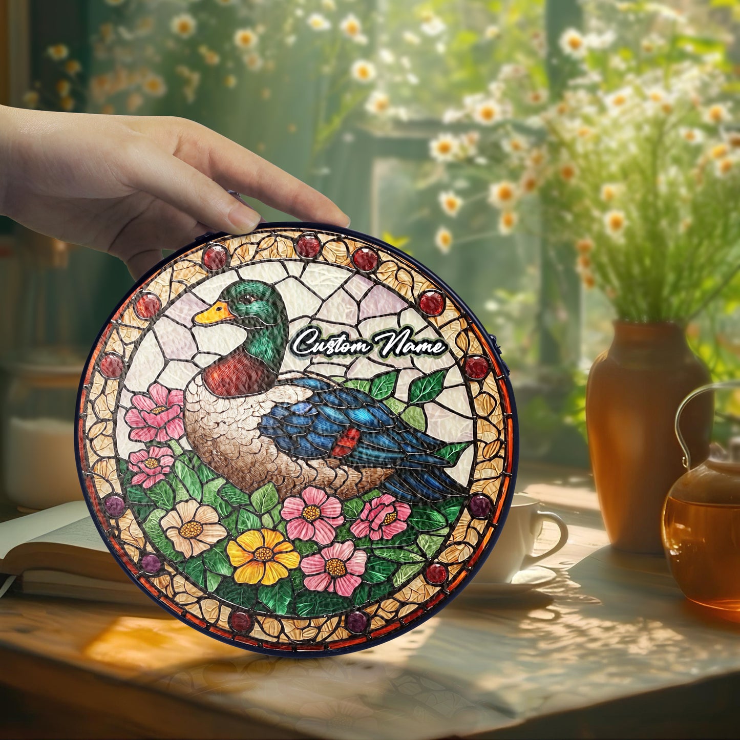 Netecom Custom Duck Stained Glass Ornament, Personalized Memorial Suncatcher, Pet Loss Remembrance Gift, Christmas Decoration