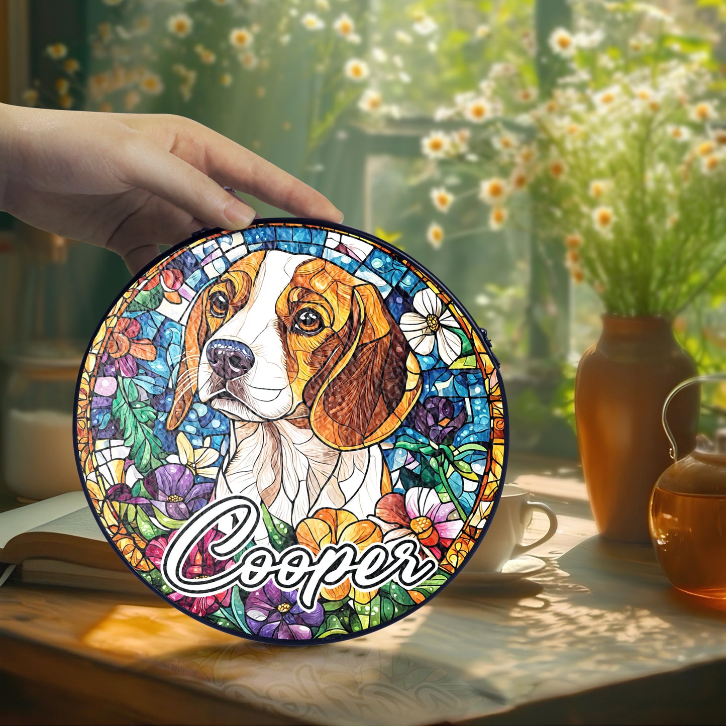 Netecom Personalized Beagle Dog Stained Glass Ornament , Custom Pet Memorial Sun Catcher , Pet Loss Sympathy Gift , Name and Breed Decor