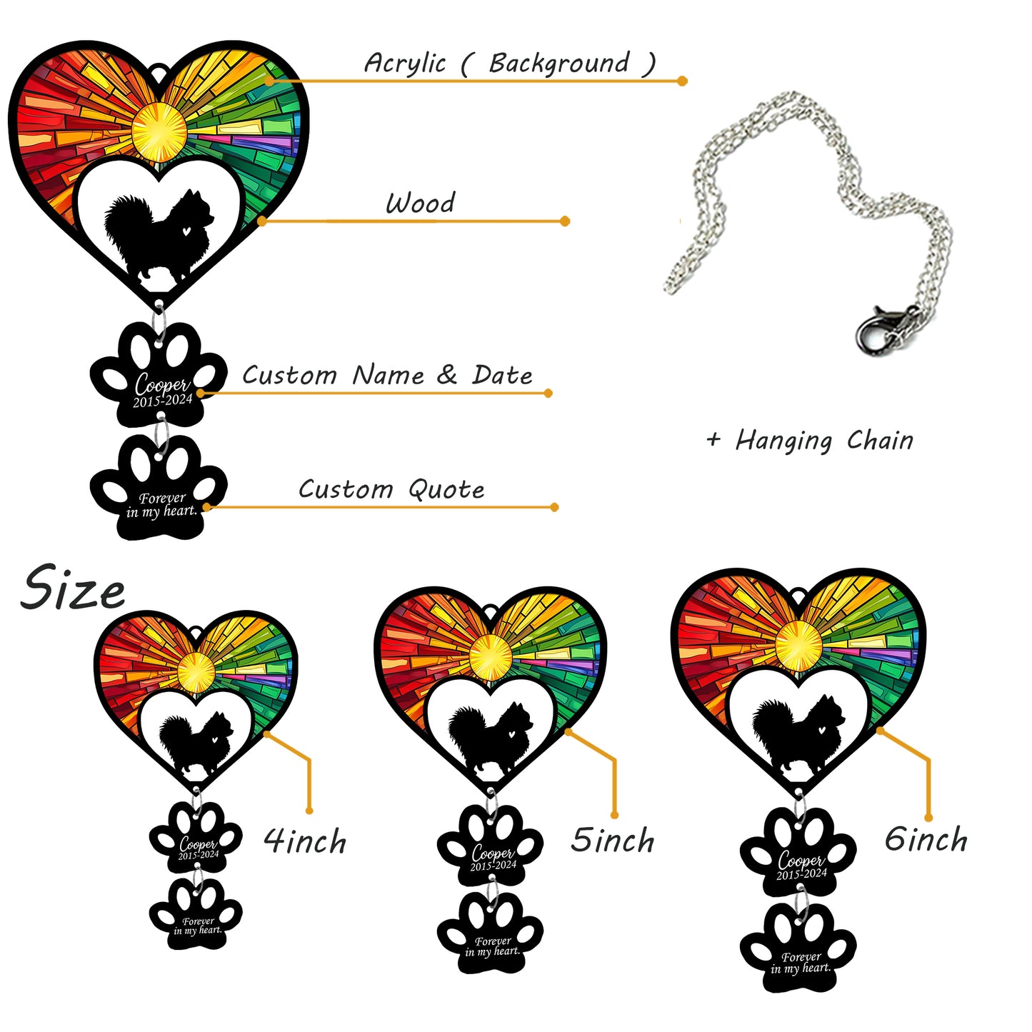 Netecom Personalized Pomeranian Rainbow Heart Paw Memorial Suncatcher, Custom Dog Ornament with Name Date, Pet Loss Sympathy Gift, Dog Remembrance Keepsake