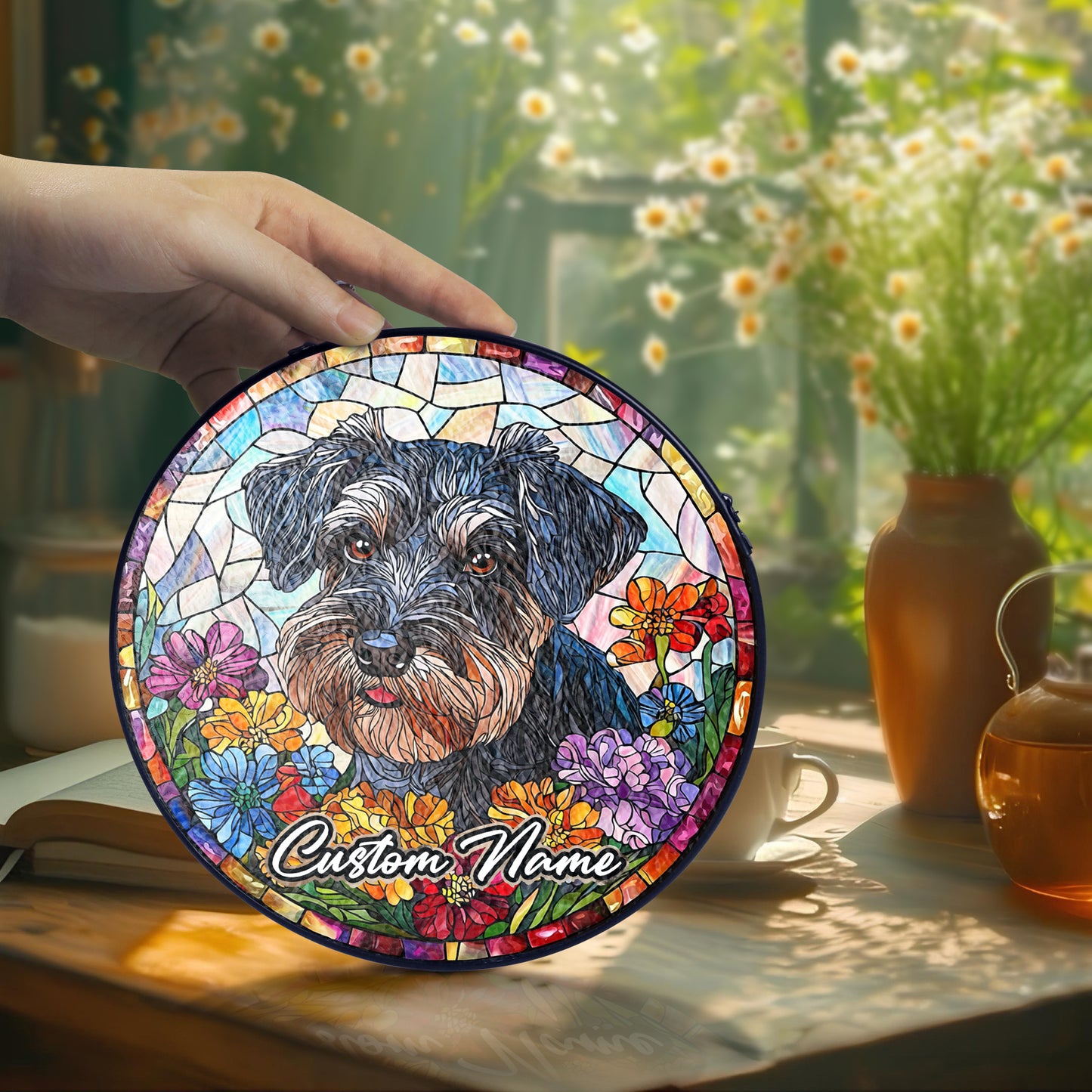 Netecom Custom Schnauzer Stained Glass Ornament, Personalized Pet Memorial Sun Catcher, Pet Loss Sympathy Gift, Christmas Decoration