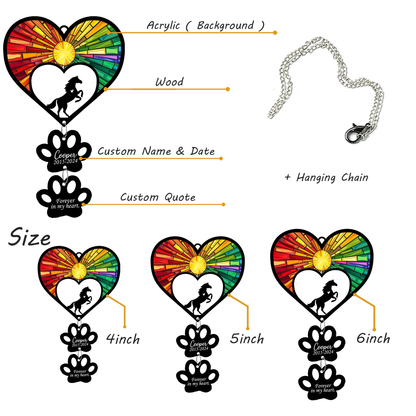 Netecom Personalized Horse Rainbow Heart Paw Memorial Suncatcher, Custom Horse Ornament with Name Date, Pet Loss Sympathy Gift, Pet Remembrance Keepsake