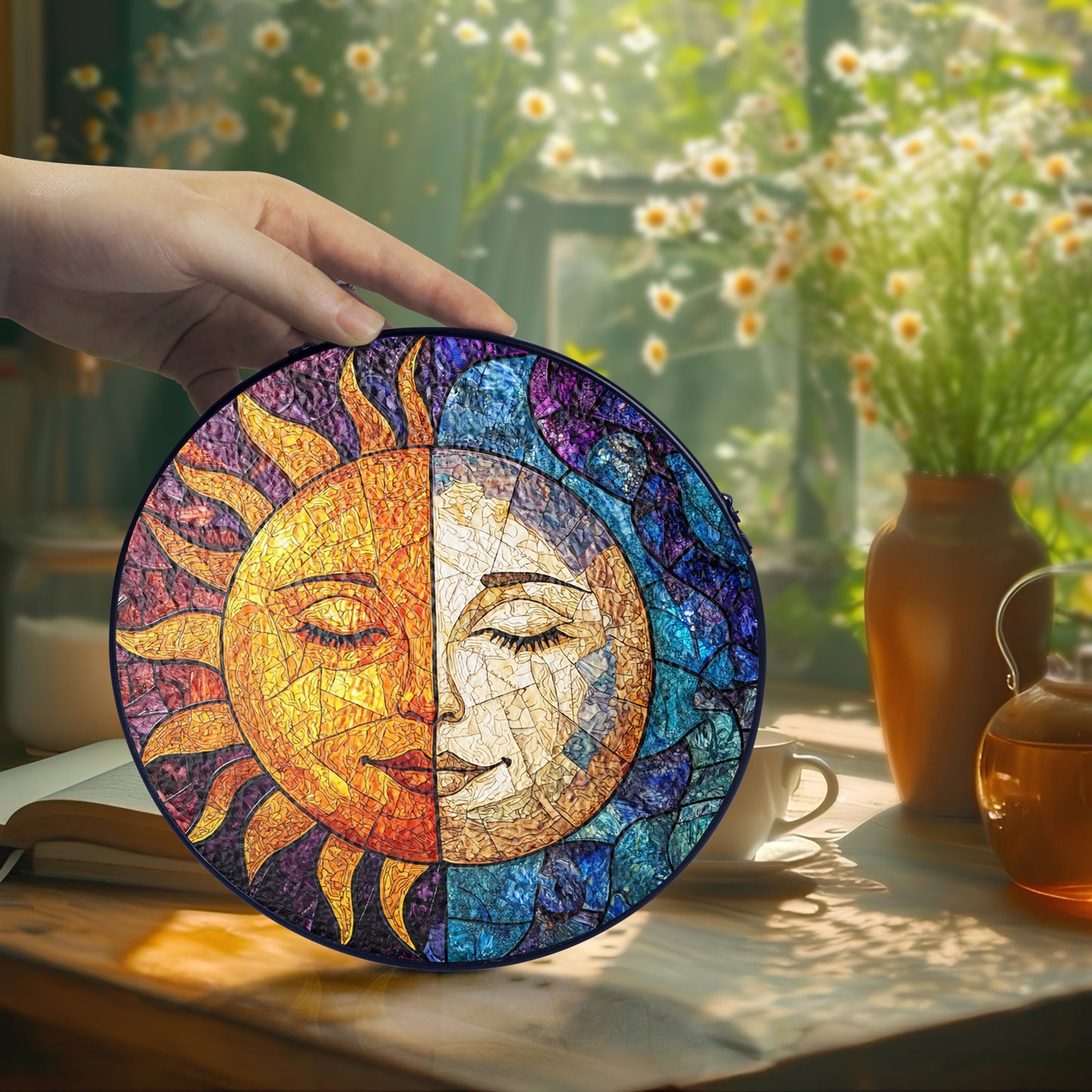 Netecom Sun & Moon Stained Glass Ornament – Custom Celestial Sun Catcher, Personalized Window Hanging, Spiritual Gift