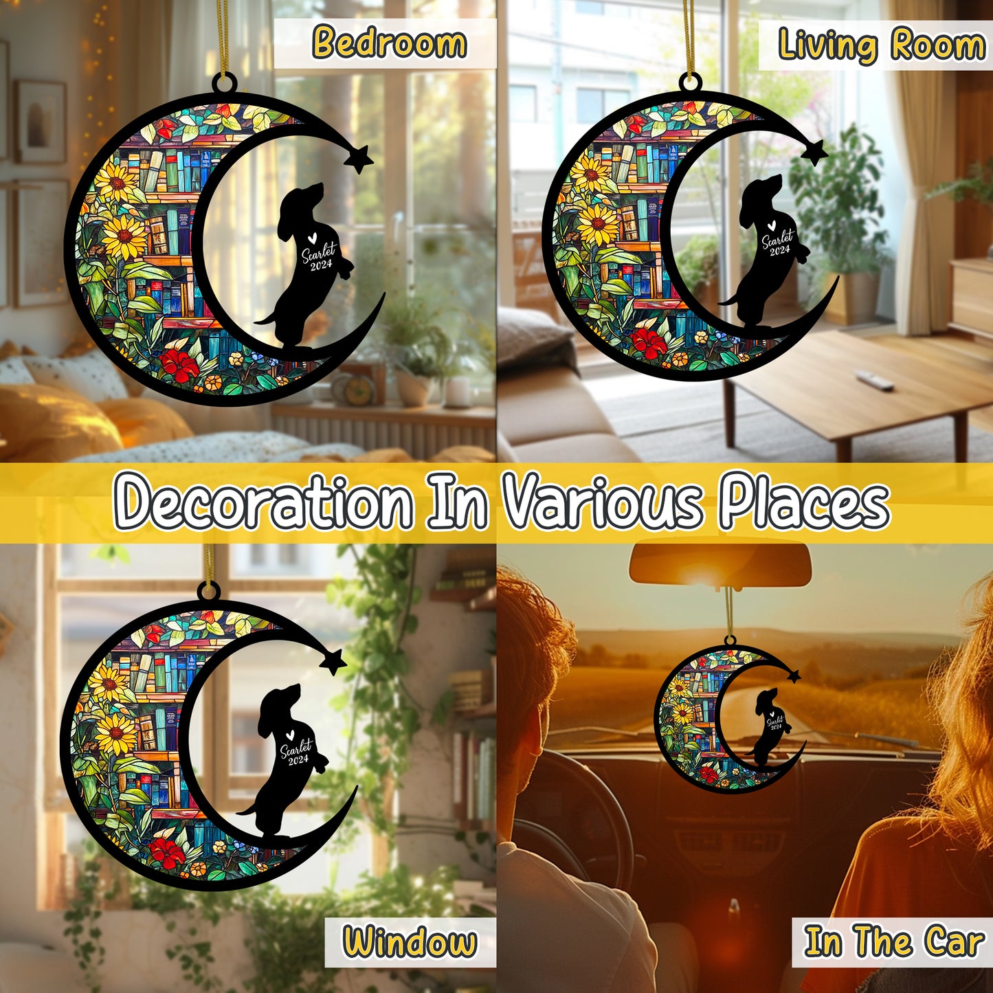 Netecom Personalized Dachshund Suncatcher for Windows Hanging, Custom Wiener Dog Sun Catcher Ornament with Name Date, Unique Gifts for Book Lovers, Reader Teacher Librarian Bookworm
