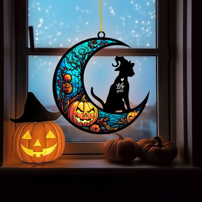Netecom Personalized Halloween Abyssinian Cat Suncatcher - Memorial Gift for Loss of Cat, Custom Abyssinian Lovers Ornament for Window or Wall Hanging, Spooky Sympathy Gift