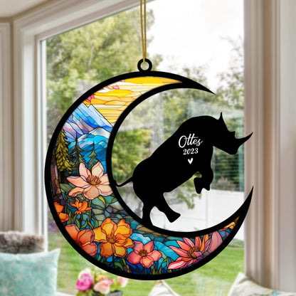 Netecom Personalized Rhino Memorial Suncatcher - Rhino Christmas Ornament with Name & Date - Pet Loss Stained Glass Light Catcher - Bereavement & Sympathy Gift for Loss of Pet