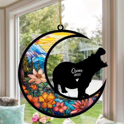 Netecom Personalized Hippo Memorial Suncatcher - Hippo Christmas Ornament with Name & Date - Pet Loss Stained Glass Light Catcher - Bereavement & Sympathy Gift for Loss of Pet