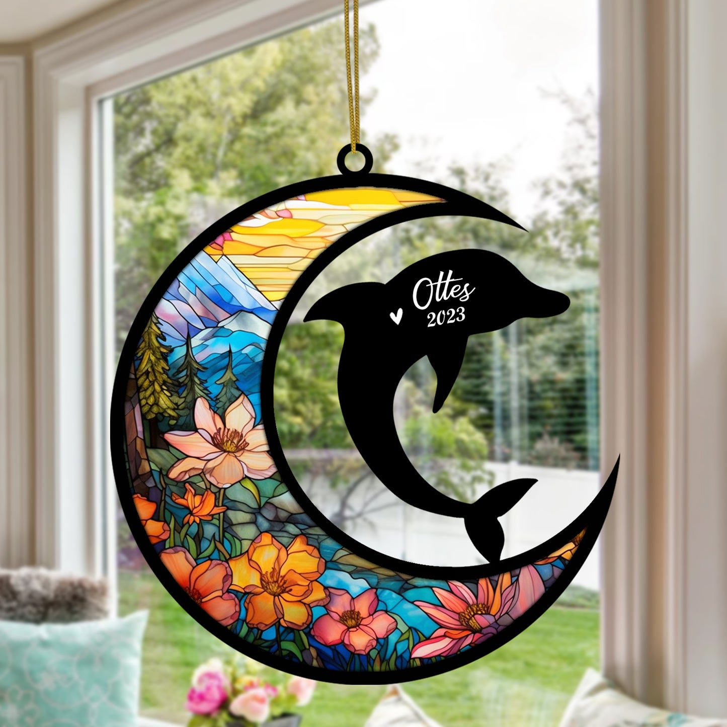 Netecom Personalized Dolphin Memorial Suncatcher - Dolphin Christmas Ornament with Name - Pet Loss Stained Glass Light Catcher - Bereavement & Sympathy Gift for Loss of Pet