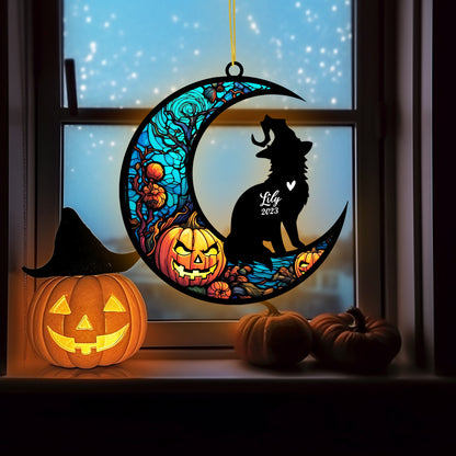 Netecom Personalized Halloween Maine Coon Cat Suncatcher - Custom Cat Ornament with Name, Maine Coon Cat with Witch Hat Halloween Decoration for Window or Garden, Spooky Acrylic Pendant Decor