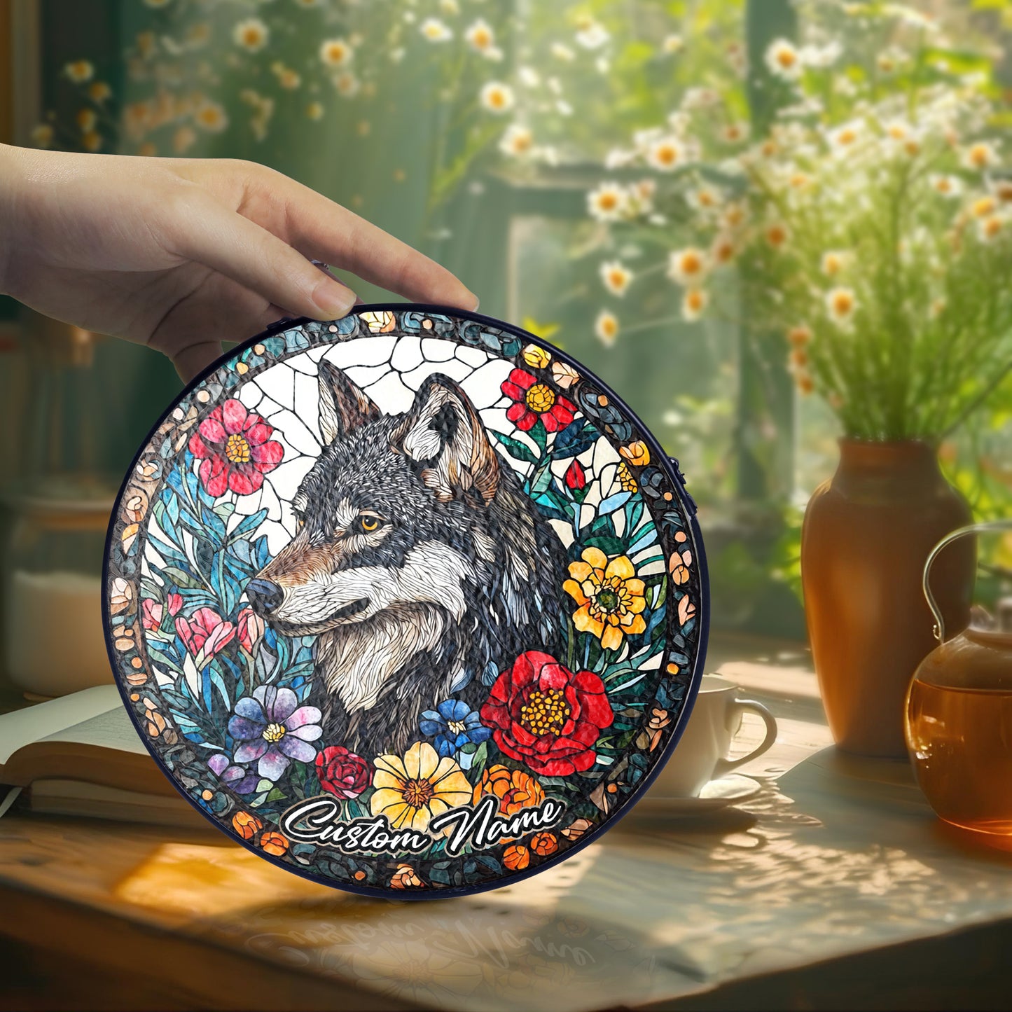 Netecom Custom Wolf Stained Glass Ornament, Personalized Memorial Suncatcher, Pet Loss Sympathy Gift, Christmas Decoration