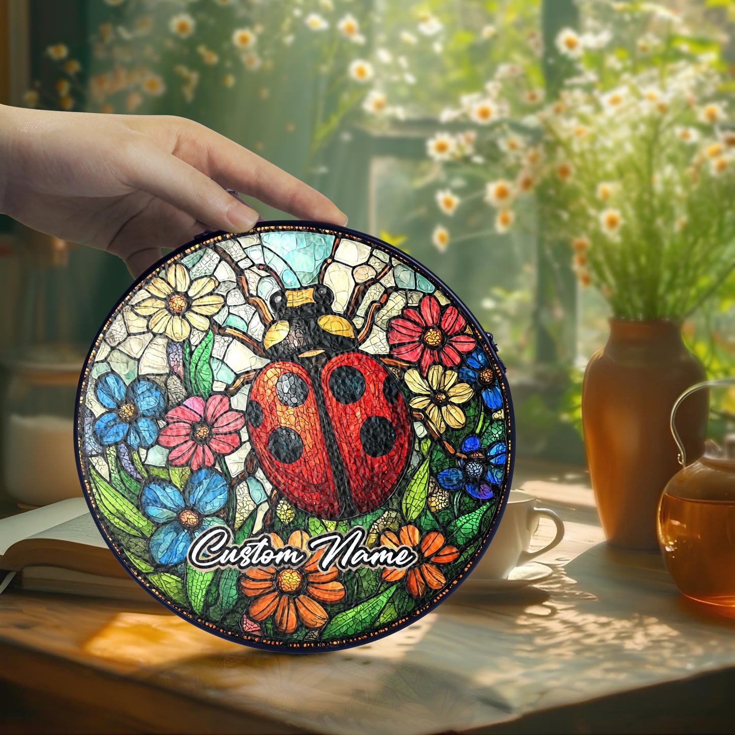 Netecom Personalized Lady Bug Stained Glass Ornament, Custom Memorial Suncatcher, Pet Loss Remembrance Gift, Christmas Decoration