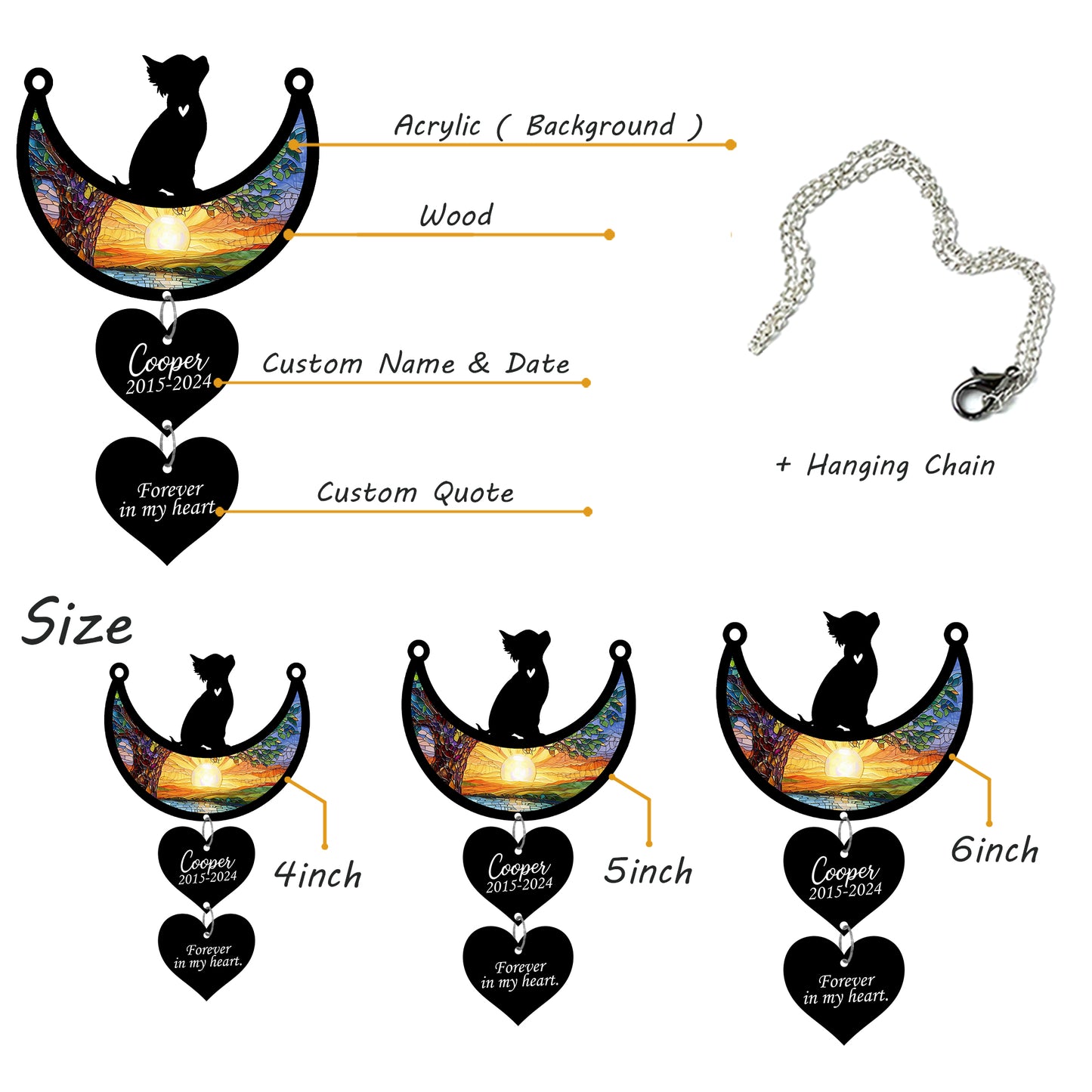 Netecom Personalized Chihuahua Moon Heart Memorial Suncatcher, Custom Chihuahua Ornament with Name Date, Dog Loss Sympathy Gift, Pet Remembrance Keepsake