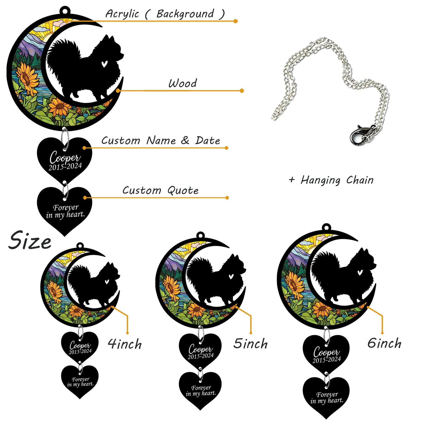 Netecom Personalized Pomeranian Moon Heart Memorial Suncatcher – Dog Loss Sympathy Gift, Pet Remembrance Keepsake