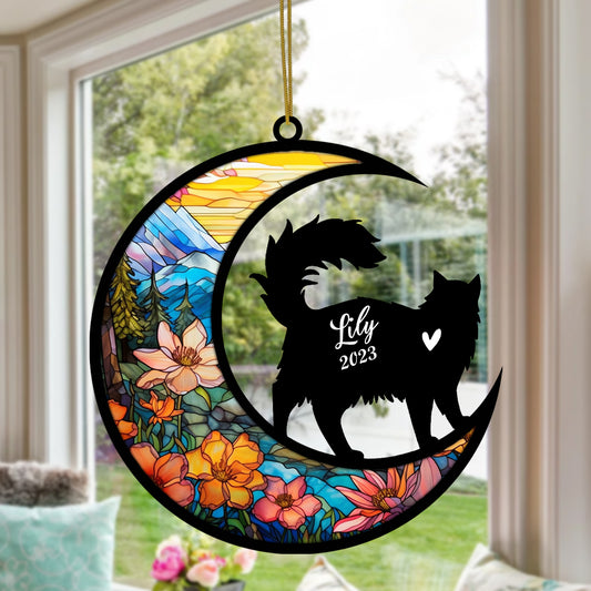 Netecom Personalized Maine Coon Cat Memorial Suncatcher - Custom with Name & Date - Pet Loss Light Catcher - Christmas Cat Ornament for Window Hangings