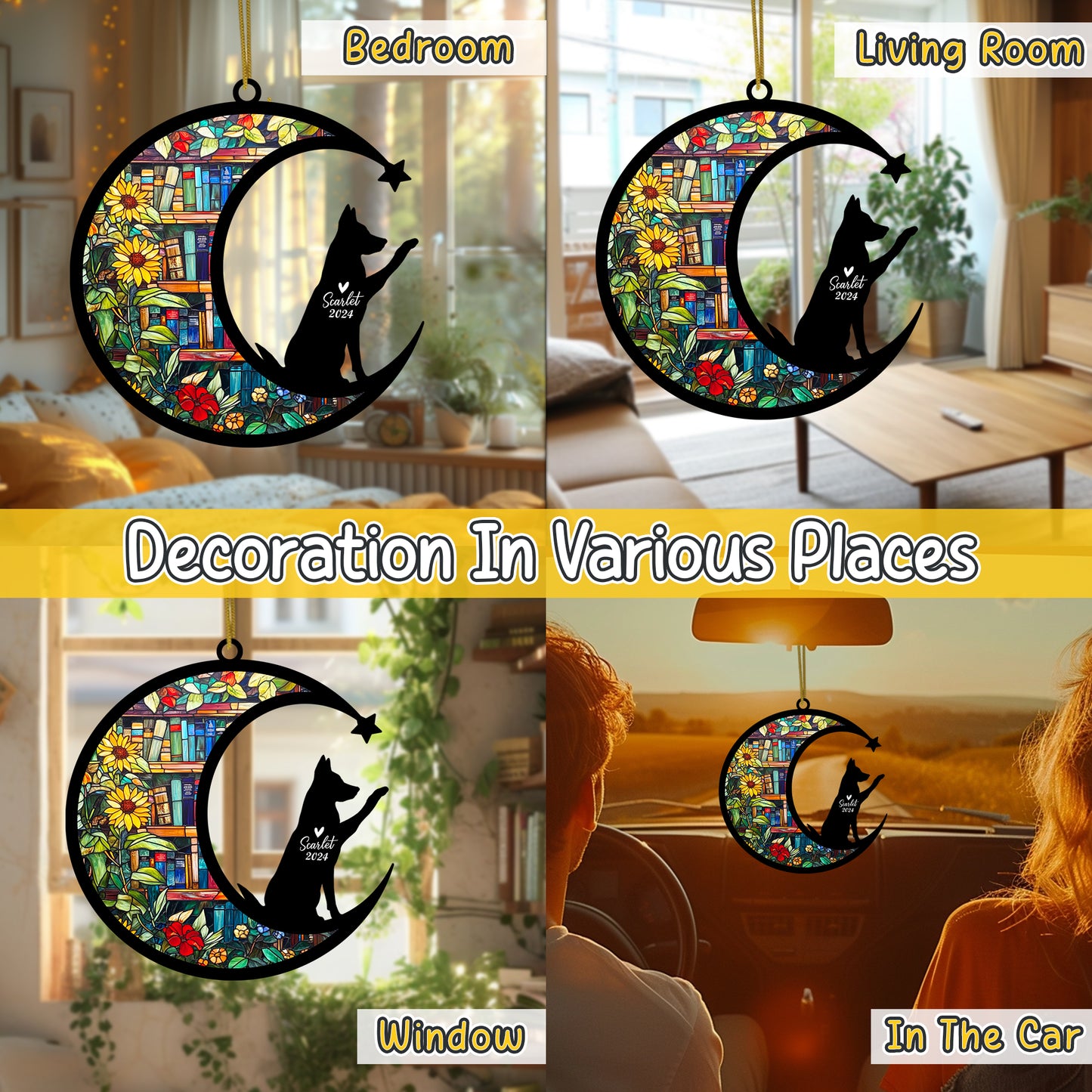 Netecom Personalized German Shepherd Suncatcher for Windows Hanging, Custom Dog Sun Catcher Ornament with Name Date, Unique Gifts for Book Lovers, Reader Teacher Librarian Bookworm