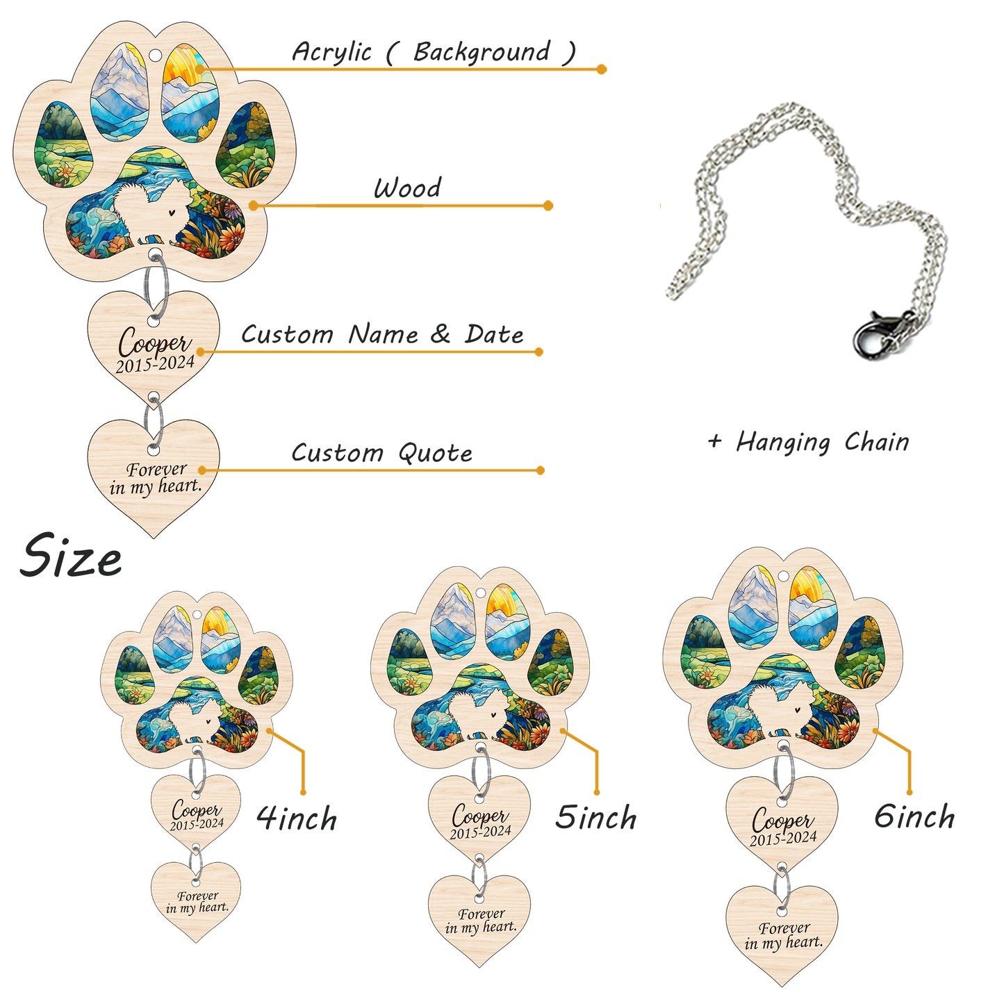 Netecom Personalized Pomeranian Paw Heart Memorial Suncatcher, Dog Paw Ornament with Name Date, Pet Loss Sympathy Gift, Dog Memorial Keepsake