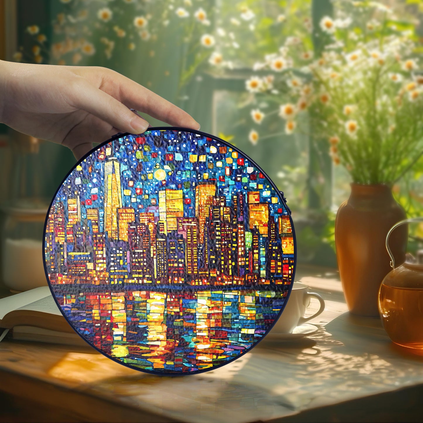 Netecom City Nightscape Stained Glass Ornament – Custom Urban Sun Catcher, Night City Lights Home Decor